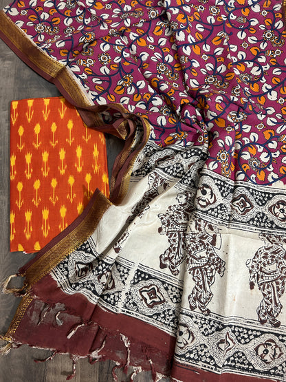 Ikat Dress Material with kalamkari Silk Dupatta