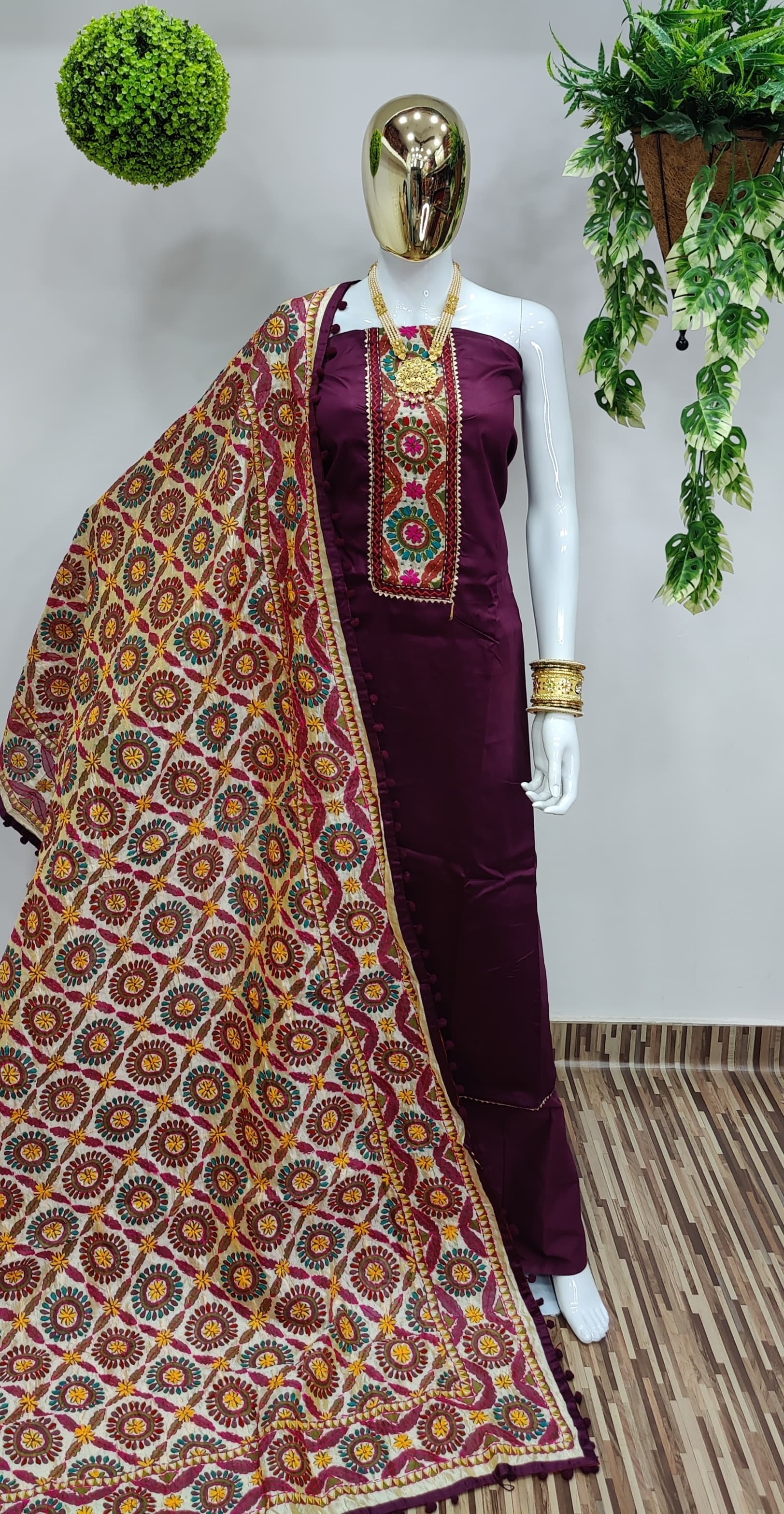Bandhej Jam Cotton Dress Material with Hand Embroidered phulkari Dupatta