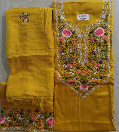 Yellow Parsi Embroidered Cotton Dress Material
