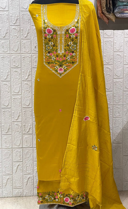 Yellow Parsi Embroidered Cotton Dress Material