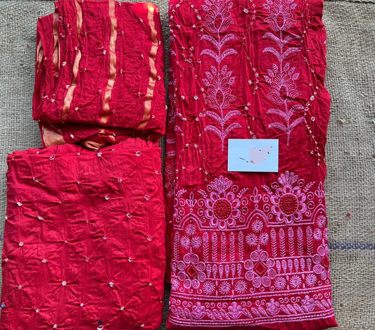 Red Embroidered Cotton Bandhej Dress Material