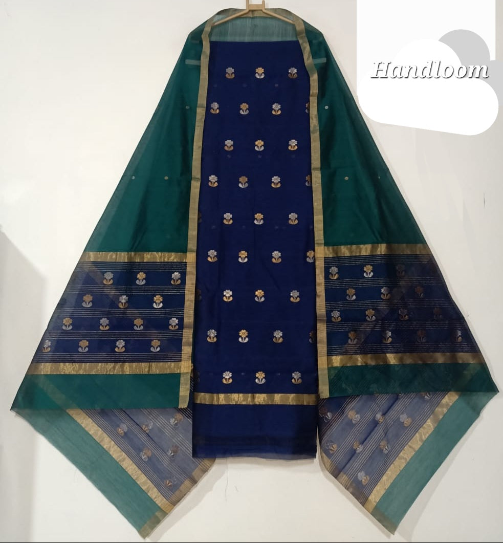 Handloom Chanderi Silk Top Dupatta Set with weaving gold silver bootis