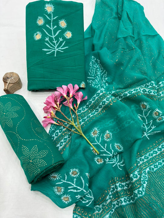Cotton block printed Dress Material with Chiffon Dupatta