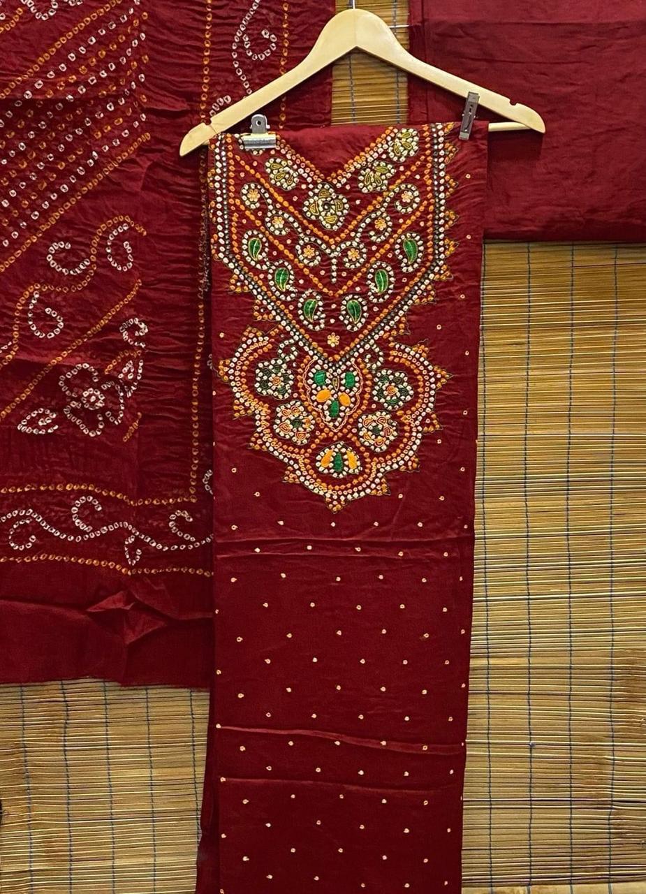 Deep red Bandhej HandWork Cotton Dress Material with Mirror work