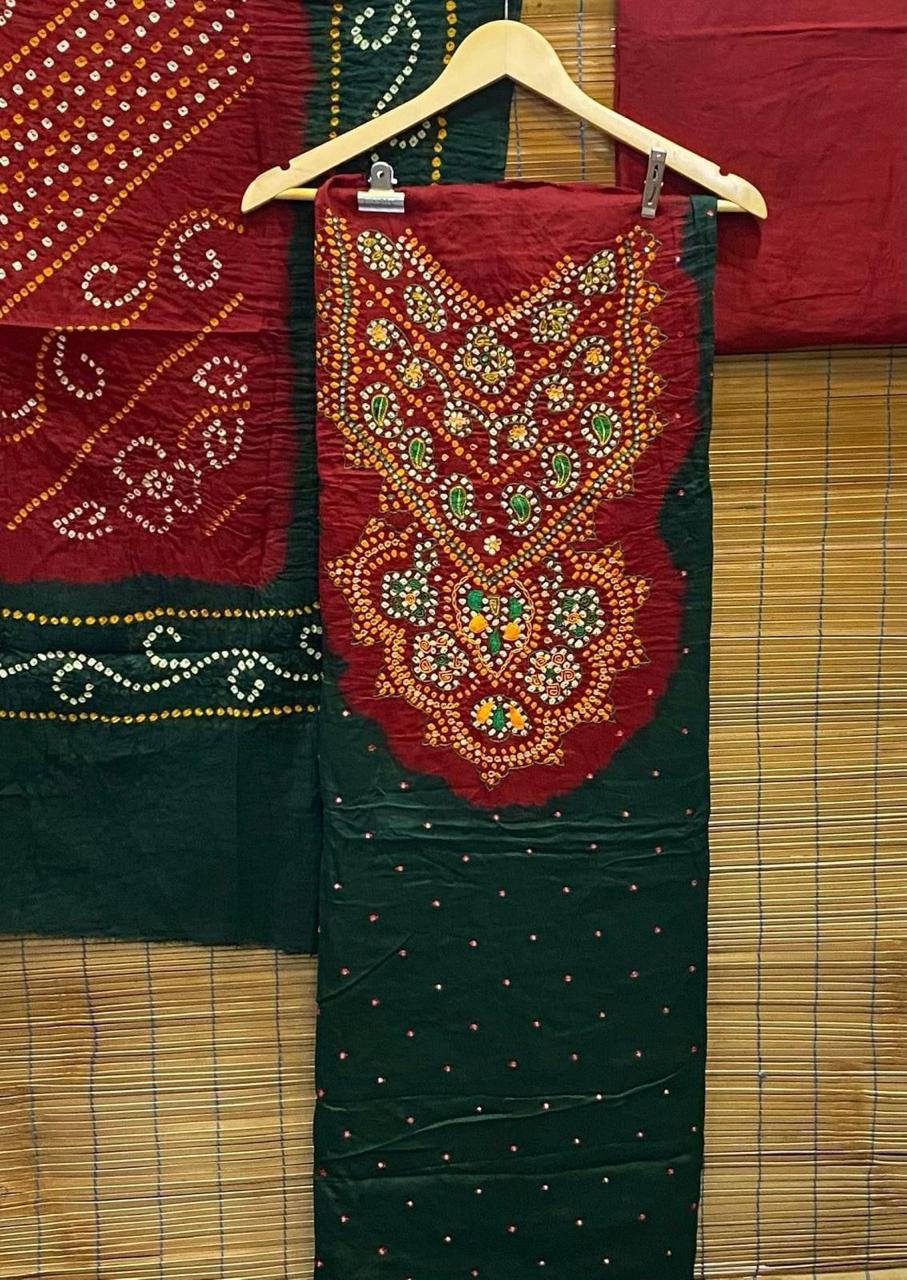 Bandhej HandWork Cotton Dress Material with Mirror work