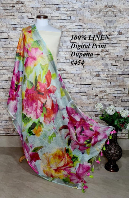 Pure Linen Digital Print Dupatta with Silver Border and Tassles