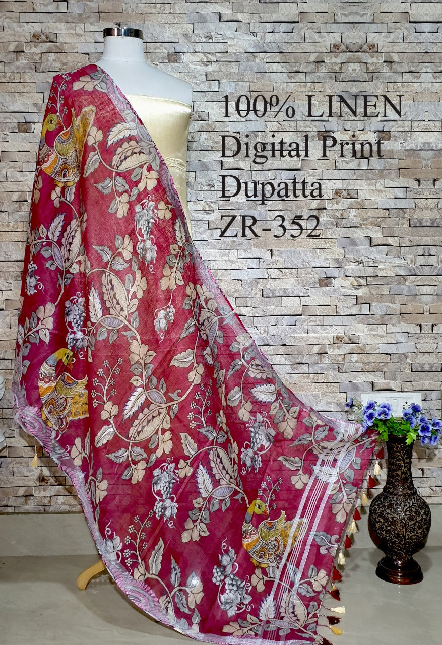 Pure Linen Digital Print Dupatta with Silver Border and Tassles