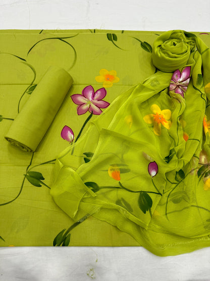 Cotton Hand Painted Dress Material with Chiffon Dupatta