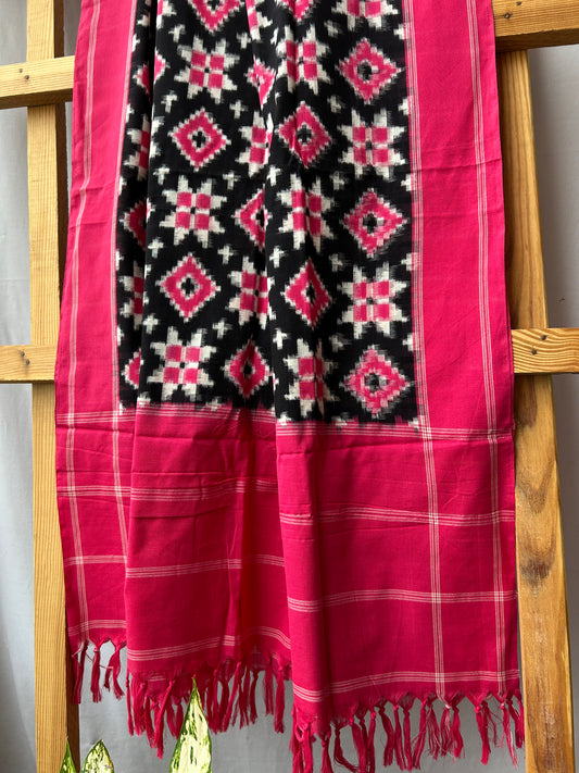 Pink Black Telia Rumal Double Ikat Cotton Dupatta