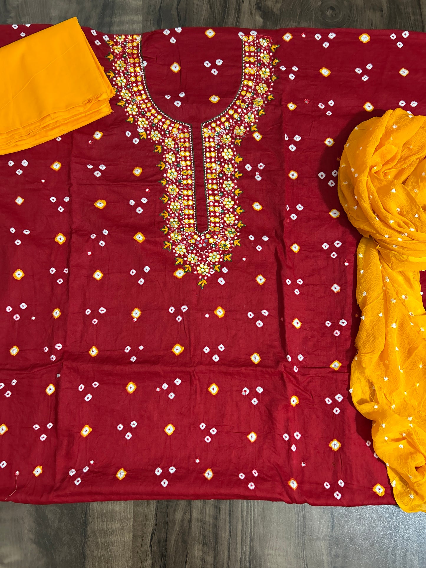 Deep Red - Yellow Bandhej Cotton HandWork and mirror work Dress Material with Pure Chiffon Dupatta