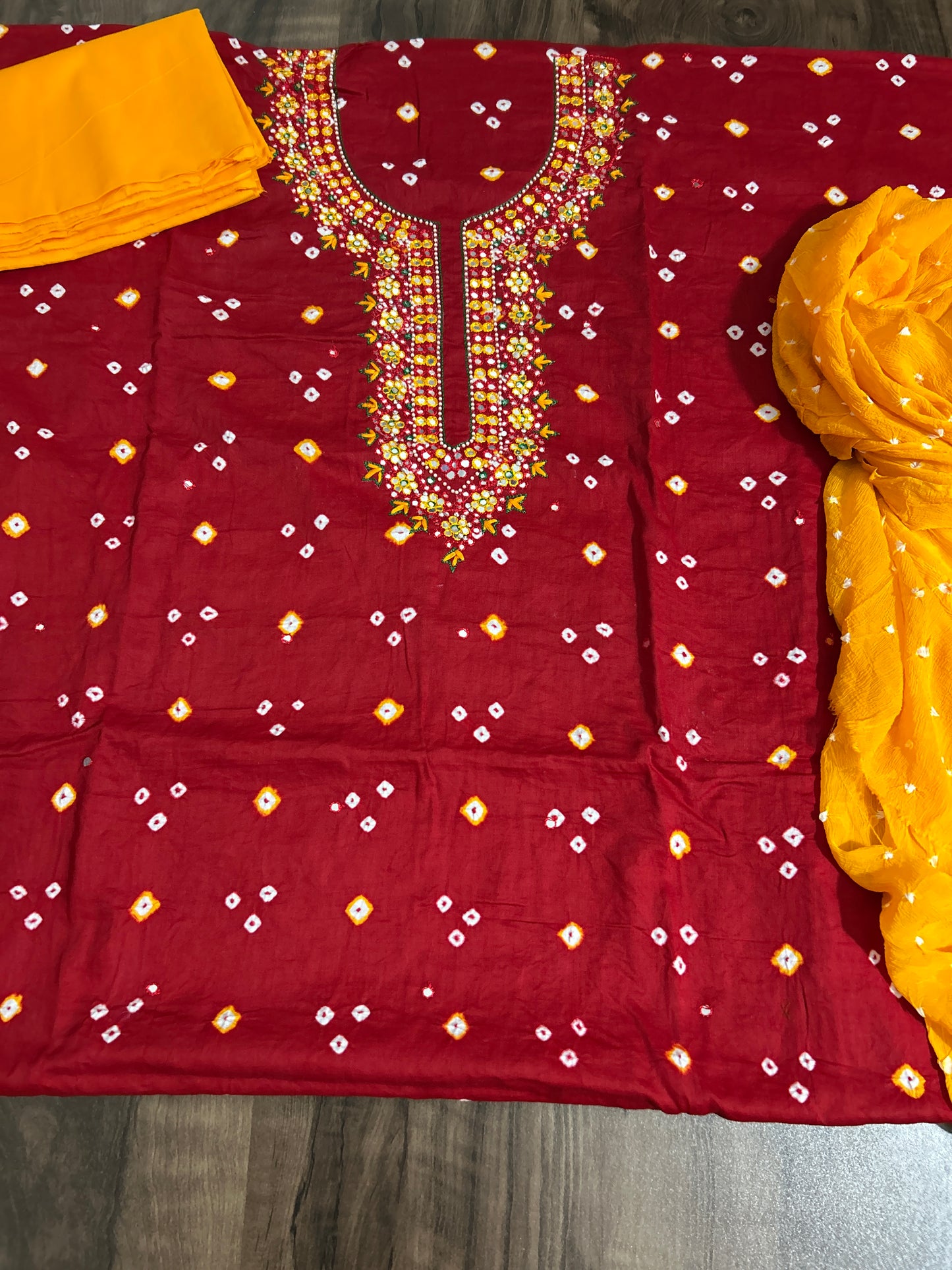 Deep Red - Yellow Bandhej Cotton HandWork and mirror work Dress Material with Pure Chiffon Dupatta
