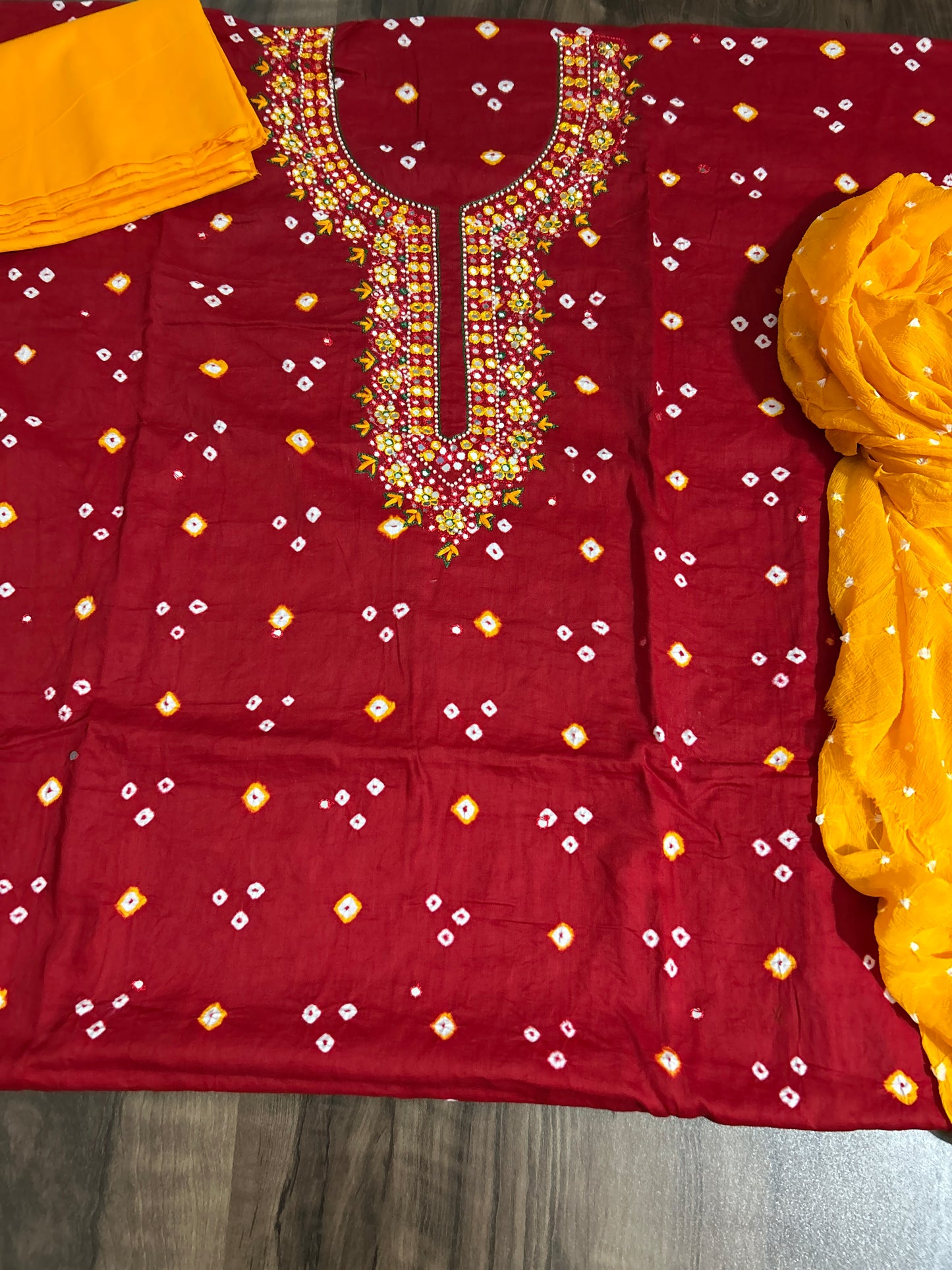 Deep Red - Yellow Bandhej Cotton HandWork and mirror work Dress Material with Pure Chiffon Dupatta