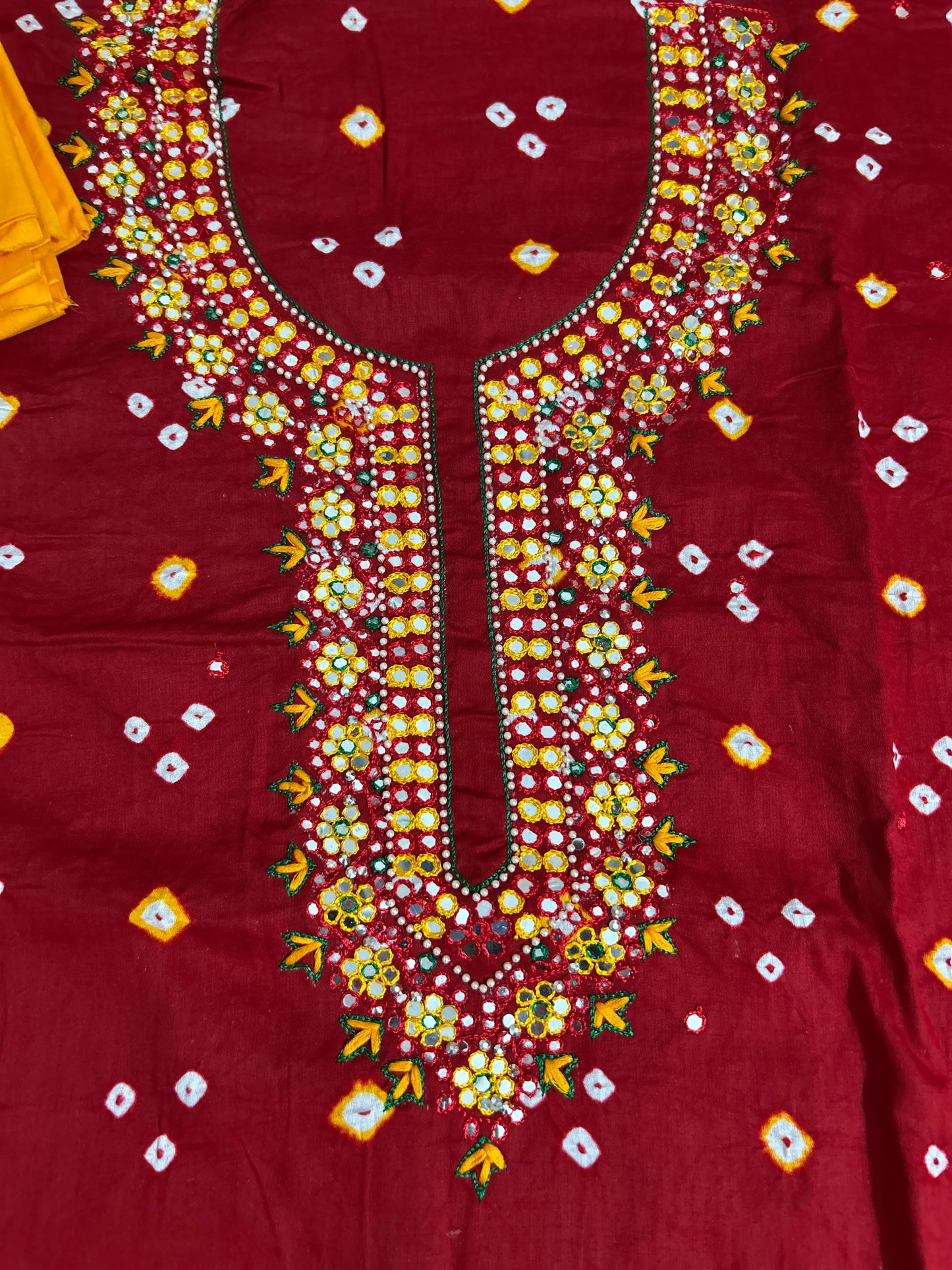 Deep Red - Yellow Bandhej Cotton HandWork and mirror work Dress Material with Pure Chiffon Dupatta