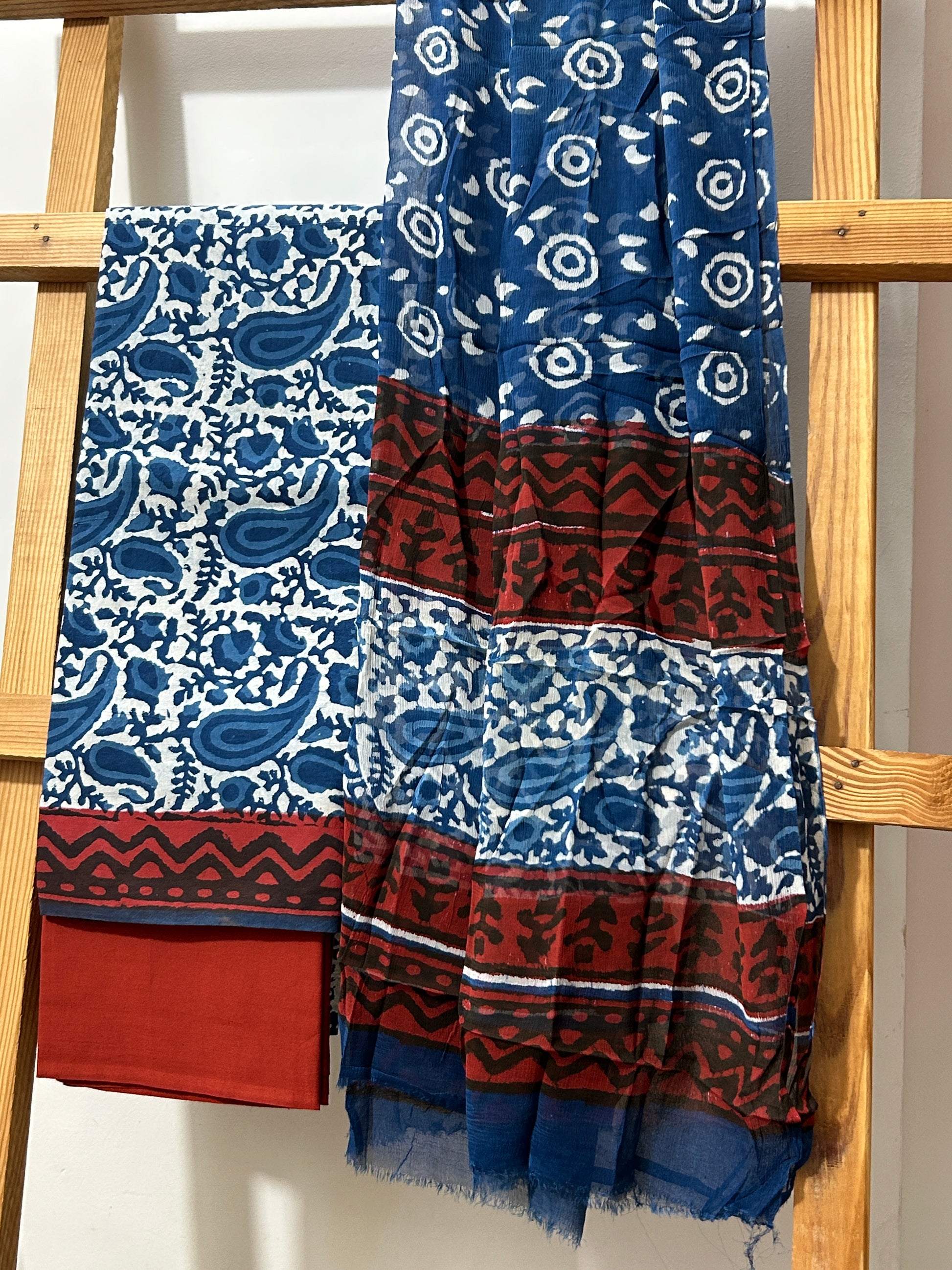 Hand BlockPrint Cotton Dress Material with Chiffon Dupatta