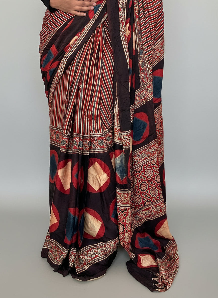 Ajrakh Modal Silk Saree with Blouse *