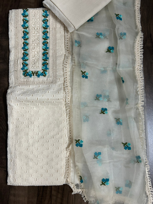 Hakoba Cotton Dress Material with Embroidered Organza Dupatta&nbsp;