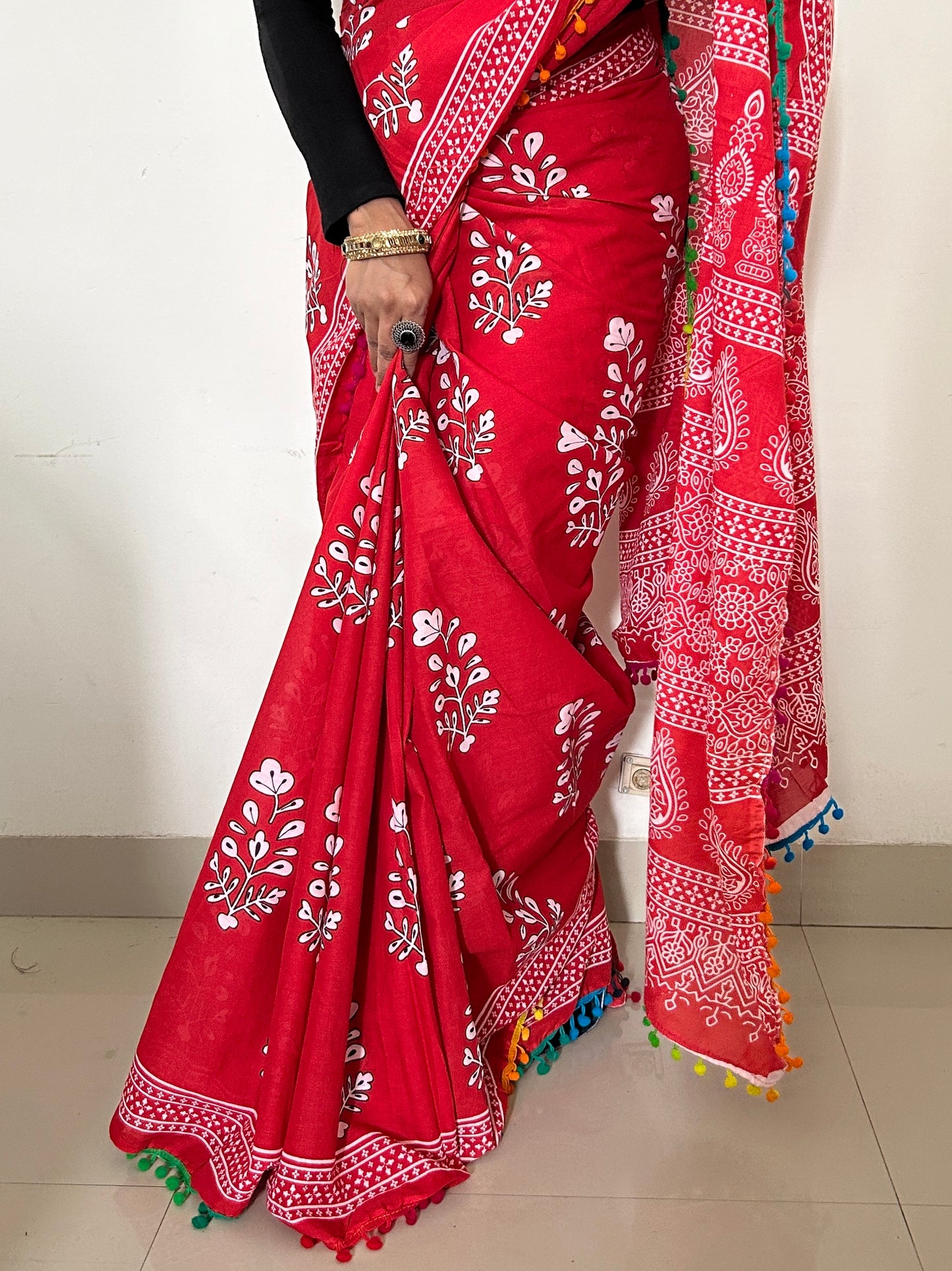 Hand BlockPrint Cotton Saree with Pompoms