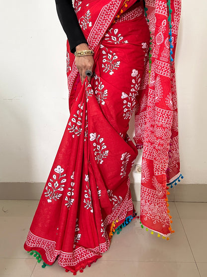 Hand BlockPrint Cotton Saree with Pompoms