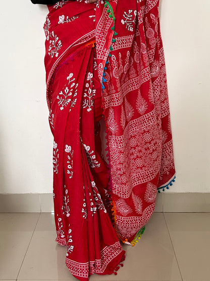 Hand BlockPrint Cotton Saree with Pompoms