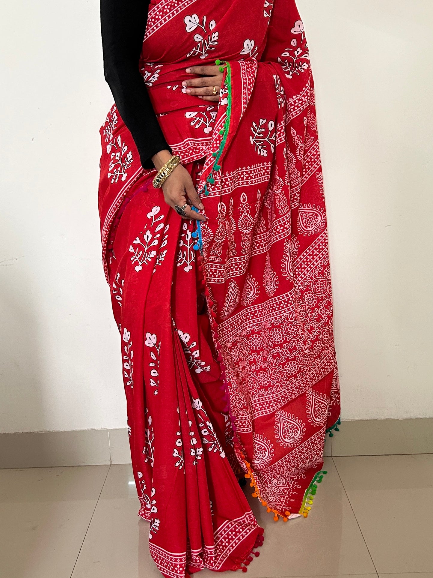 Hand BlockPrint Cotton Saree with Pompoms