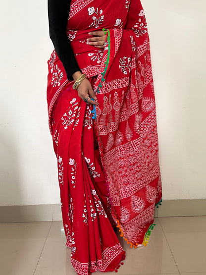 Hand BlockPrint Cotton Saree with Pompoms