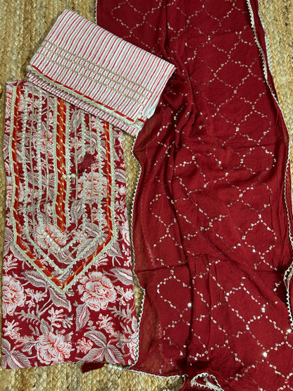 Hand BlockPrint Cotton Dress Material with Pure Chiffon Dupatta *
