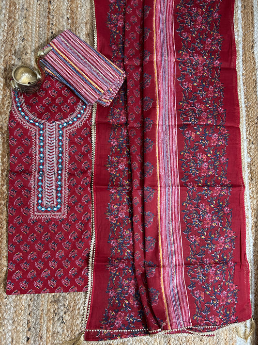 Embroidered Cotton Dress Material with Cotton Dupatta