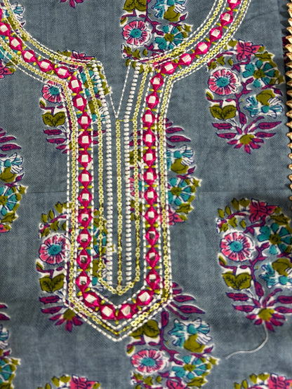 Hand Blockprint Cotton Embroidered Dress Material with Cotton Dupatta *
