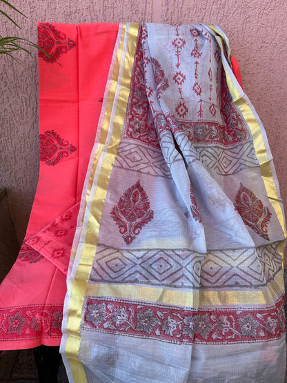 Bagru Printed Cotton Dress Material with Kota Silk Dupatta