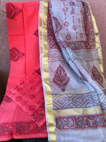 Bagru Printed Cotton Dress Material with Kota Silk Dupatta