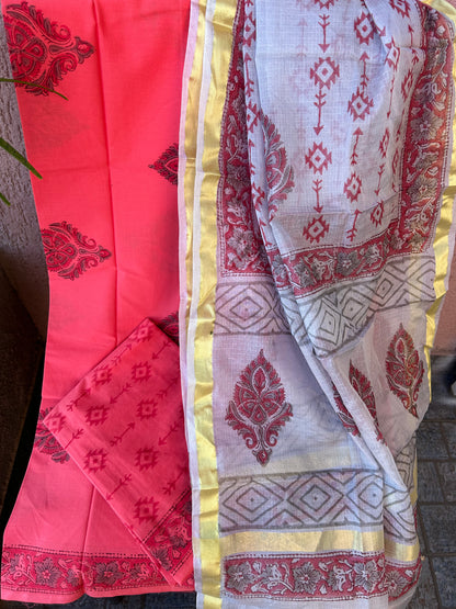 Bagru Printed Cotton Dress Material with Kota Silk Dupatta