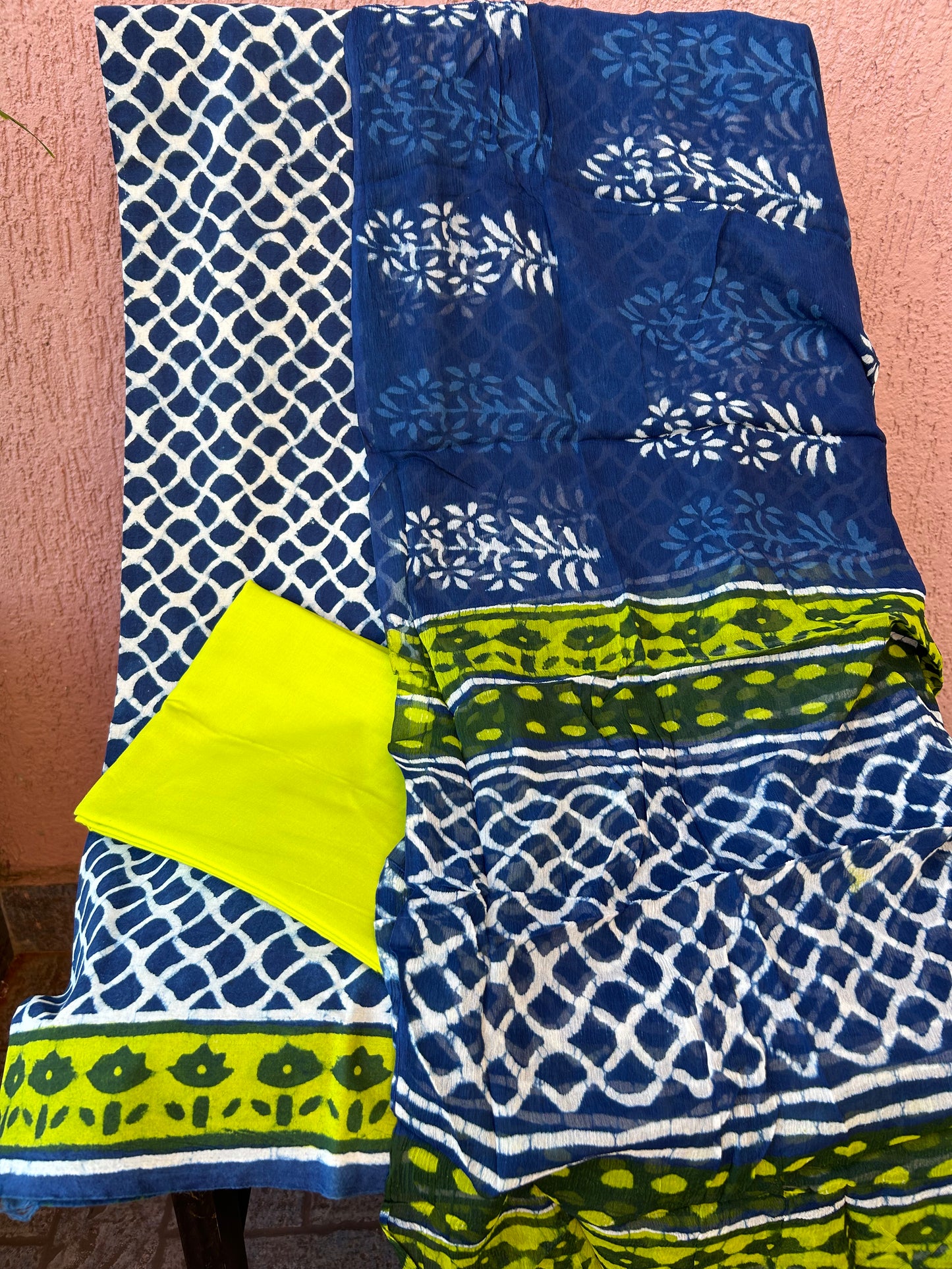Block print Cotton Dress Material with Chiffon Dupatta