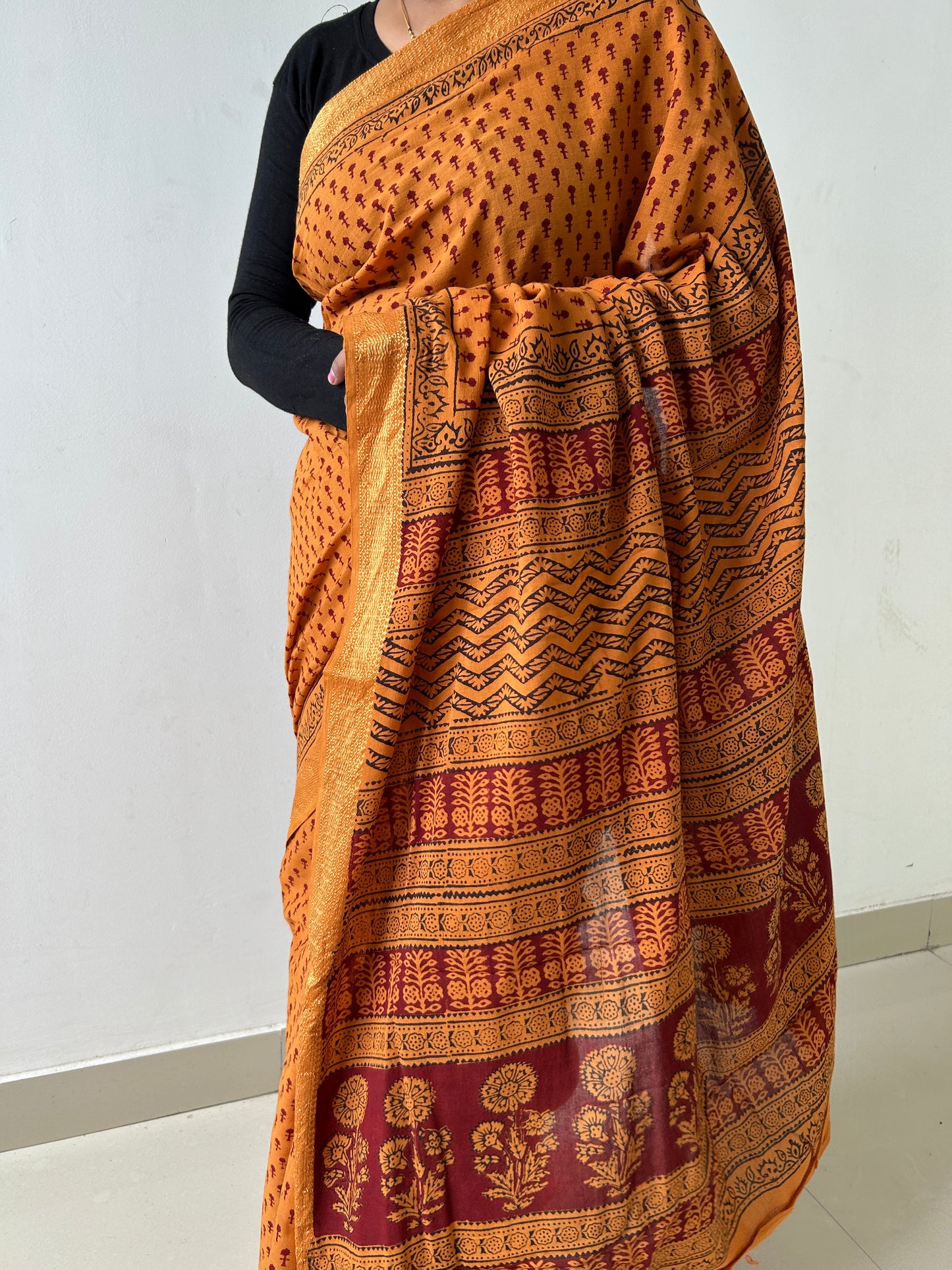 Bagh Print Cotton Saree with zari Border