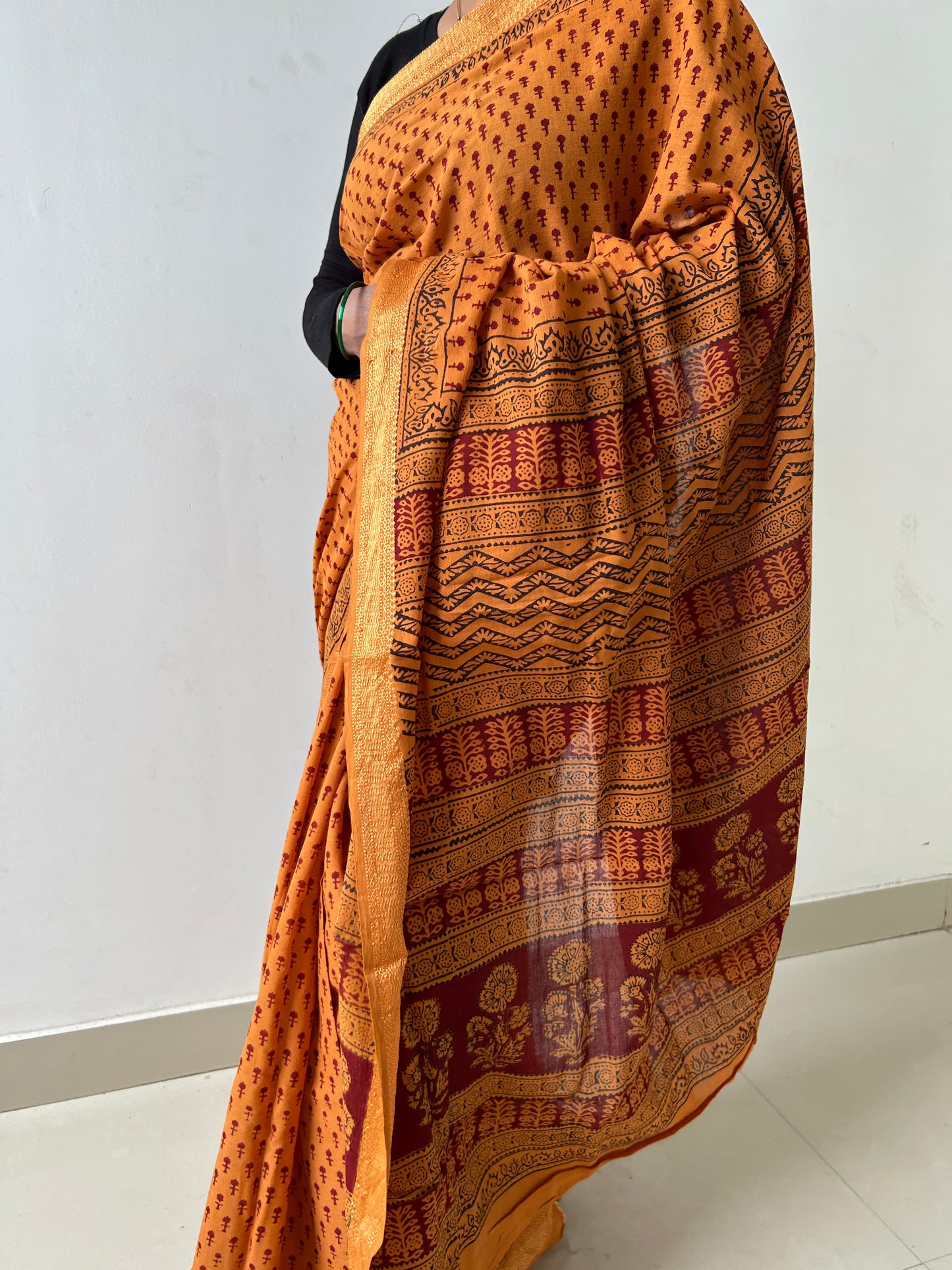 Bagh Print Cotton Saree with zari Border
