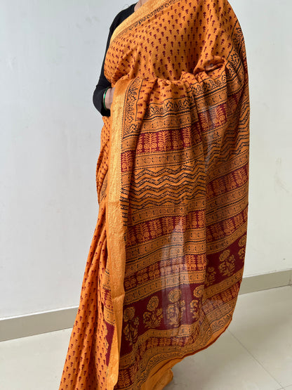 Bagh Print Cotton Saree with zari Border