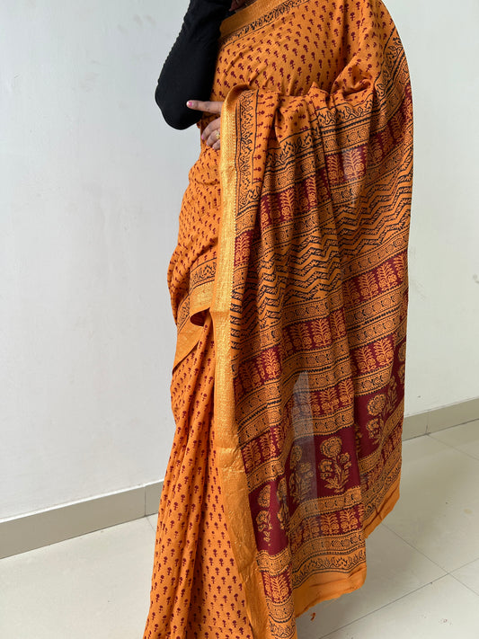 Bagh Print Cotton Saree with zari Border