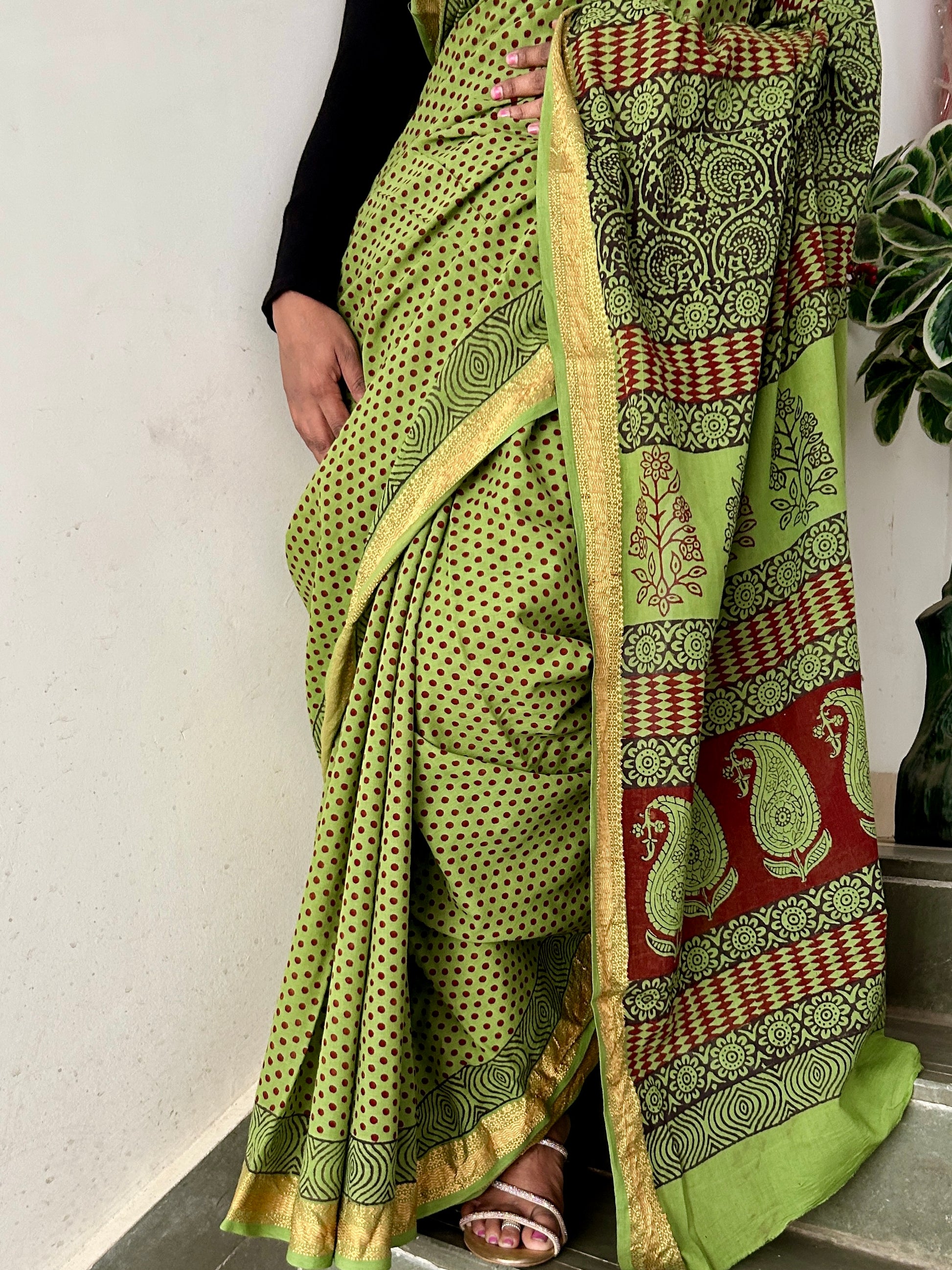 Bagh Print Cotton Saree with zari Border
