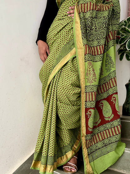 Bagh Print Cotton Saree with zari Border