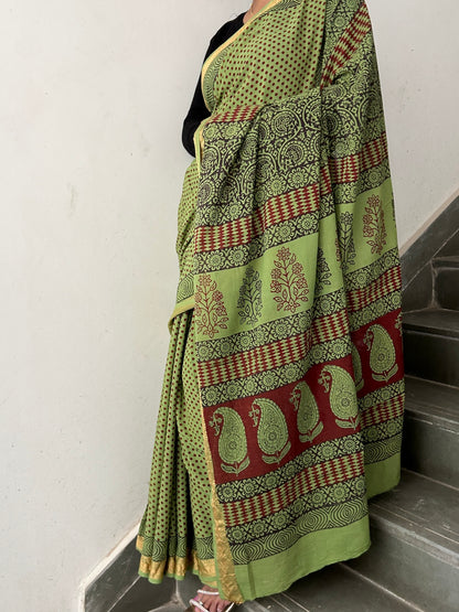 Bagh Print Cotton Saree with zari Border