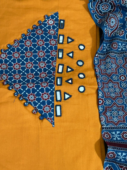 Ajrakh Cotton Dress Material with Original Mirror Work