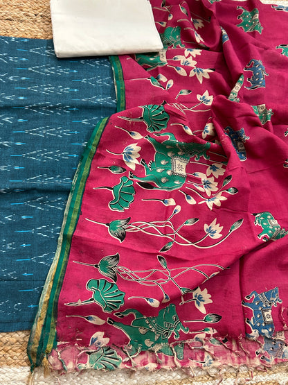 Ikat cotton dress material with kalamkari silk dupatta
