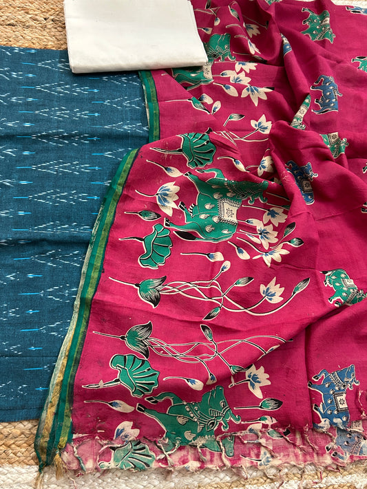 Ikat cotton dress material with kalamkari silk dupatta
