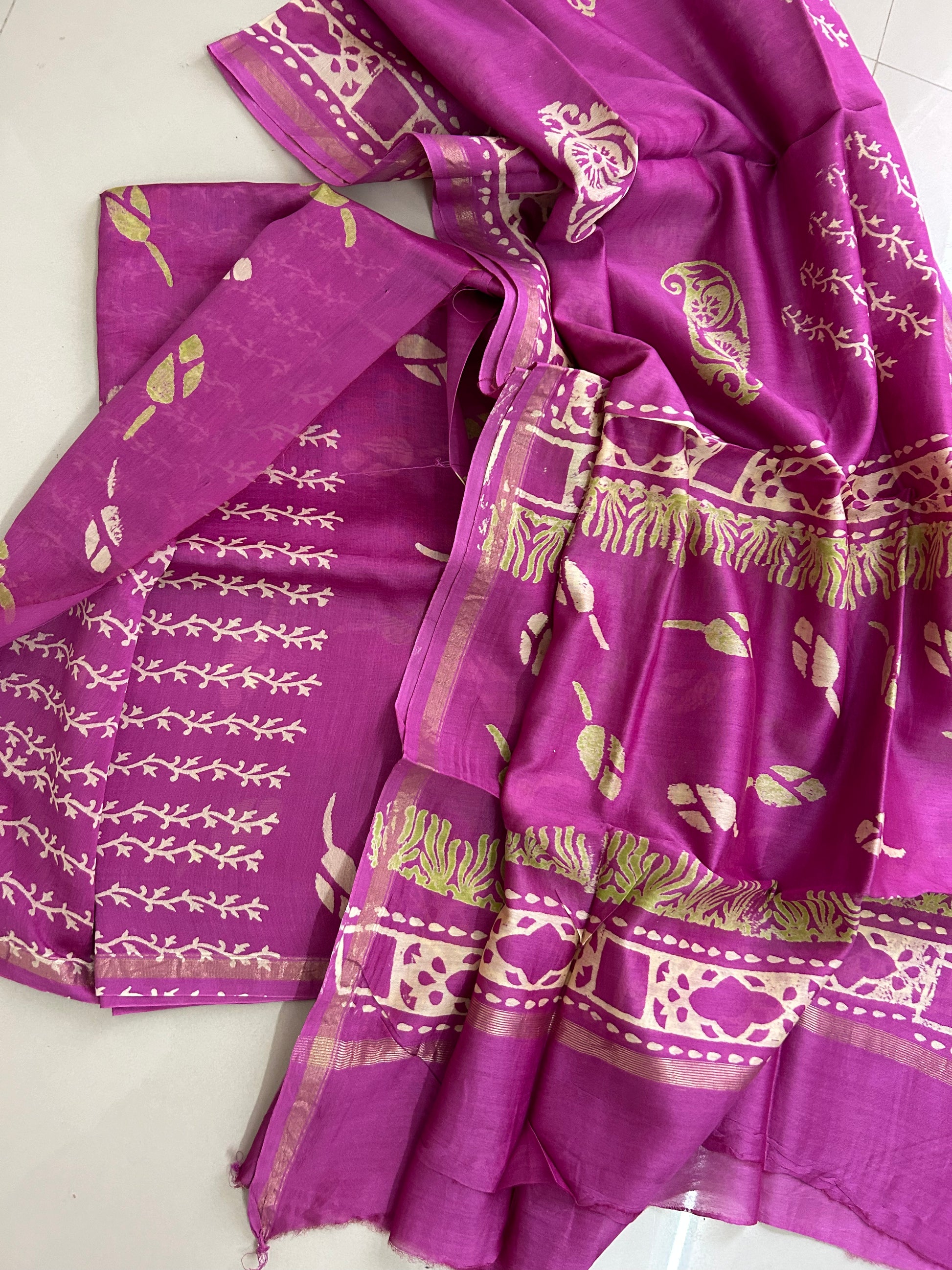 Chanderi 4 ply Pure Silk Cotton Hand Blockprint Dress Material