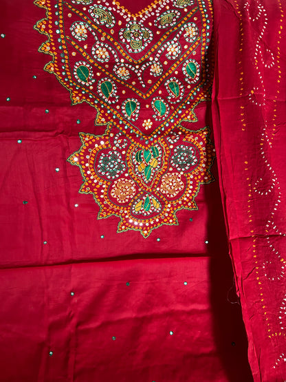 Deep red Bandhej HandWork Cotton Dress Material with Mirror work