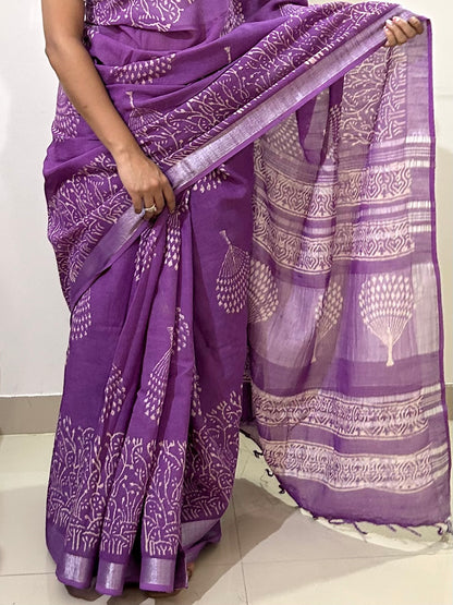 Hand Block Print Linen Cotton Saree with Blouse