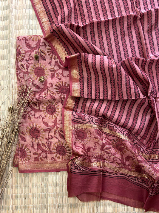 Ajrakh BlockPrint Maheshwari Silk Cotton Top Dupatta Set