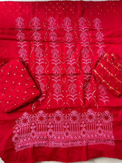 Red Embroidered Cotton Bandhej Dress Material