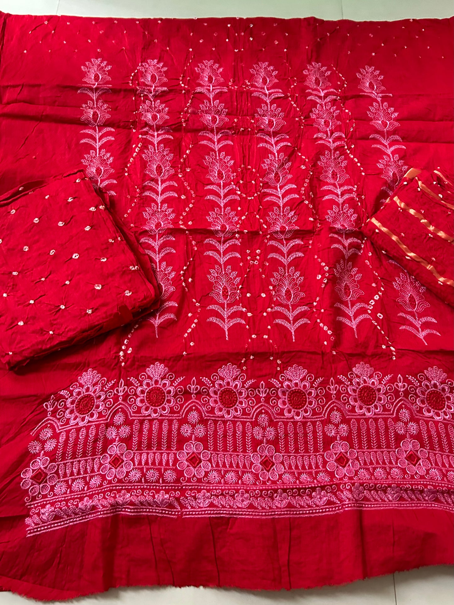 Red Embroidered Cotton Bandhej Dress Material