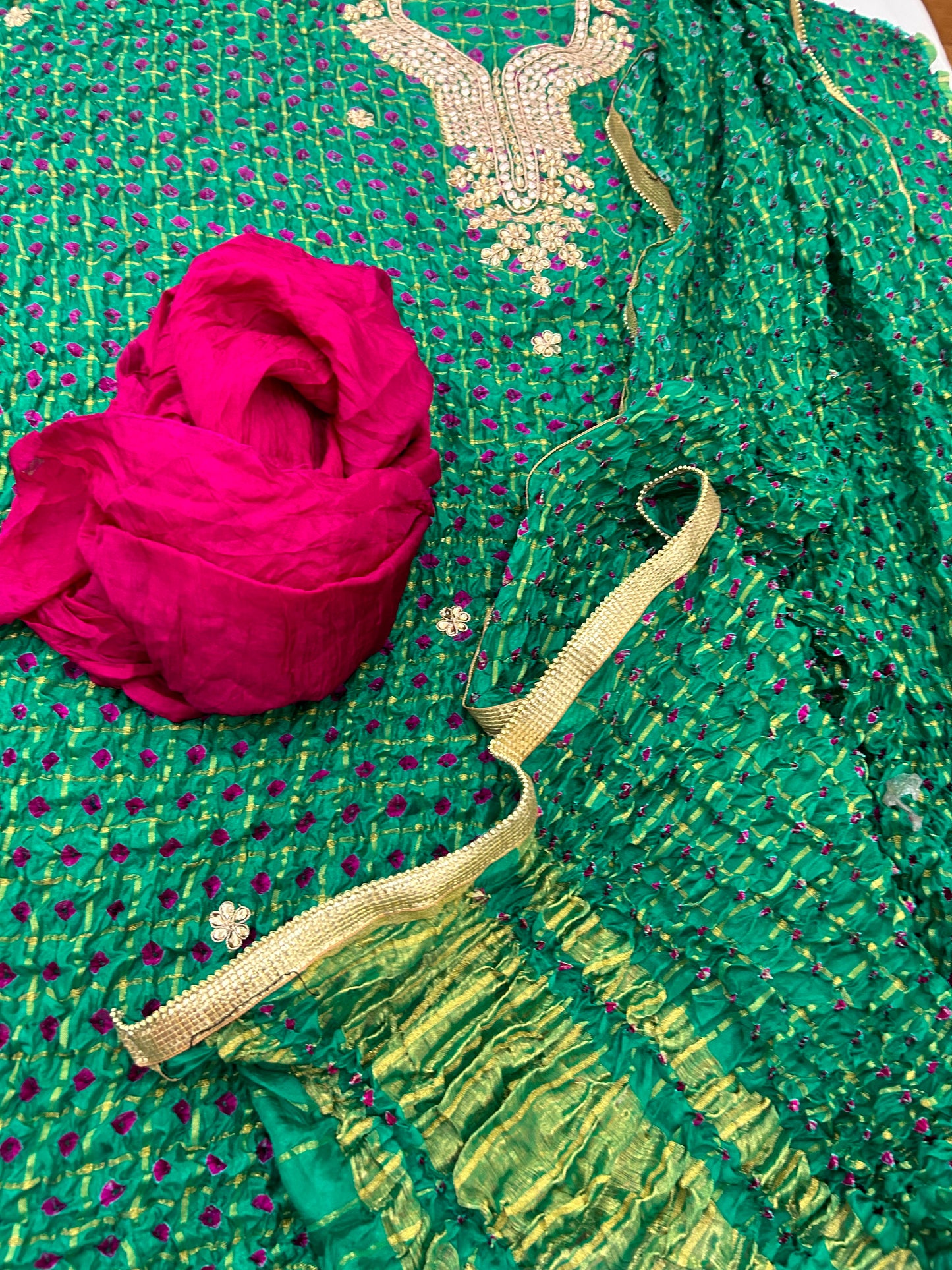 Bandhej garchola dress material with Gota Patti work