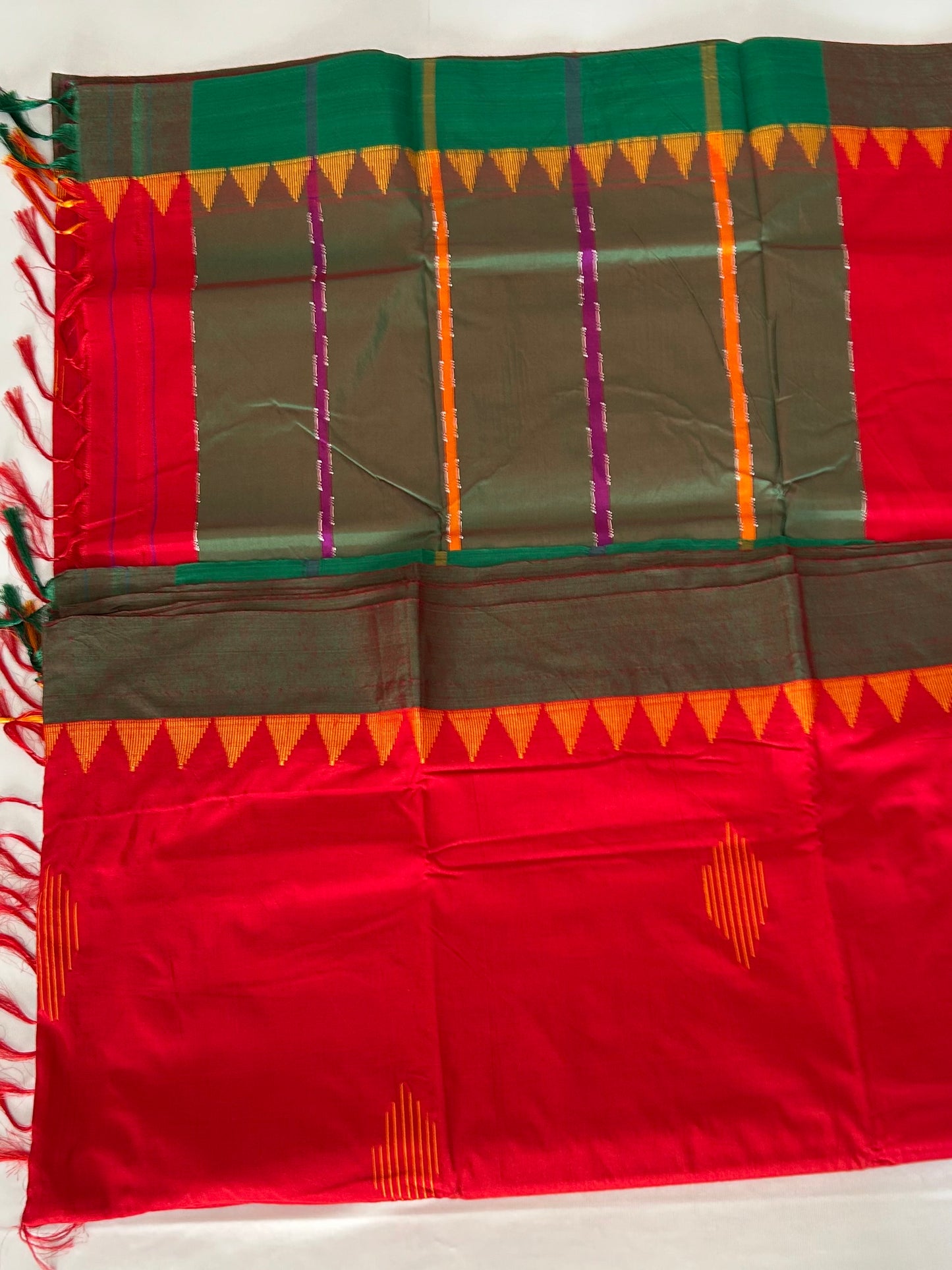 Red Green Cotton Silk Saree with Temple Border